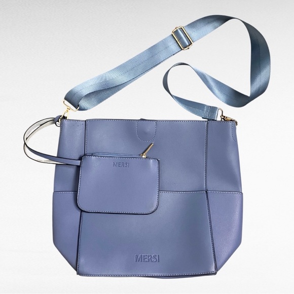 MERSI | Demi Blue Vegan Leather Modern Bucket Tote with Detachable Pouch - Picture 5 of 6